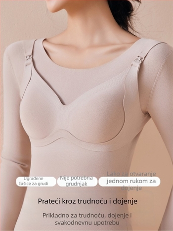 Trudnički dojiljni top s integriranim jastučićima za dojke, zimska termo majica, uski kroj, 3/4 rukavi, okrugli izrez, 2025 model