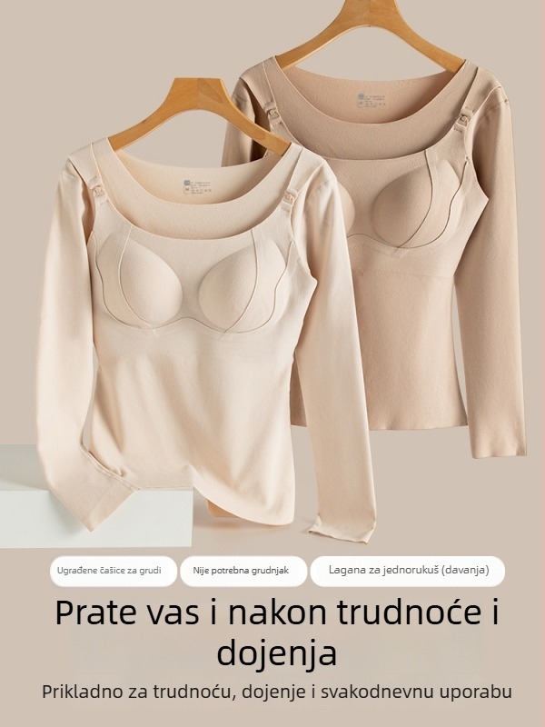 Trudnički dojiljni top s integriranim jastučićima za dojke, zimska termo majica, uski kroj, 3/4 rukavi, okrugli izrez, 2025 model