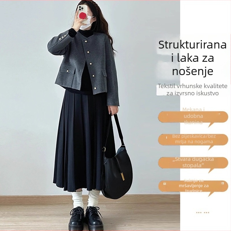 Trudnična plisirana midi suknja s A-linijom od vunenog materijala, pokriće bokova, 95%+ sadržaja vune, jednostavan materijal, zimski stil