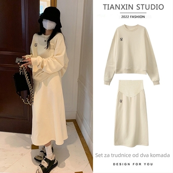 Trudnički dvodijelni set: pulover s okruglim izrezom i labav kaput + suknja A-kroja s visokim strukom, opuštenog japansko-korejskog stila, jesen-zima 2025