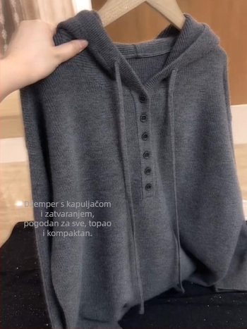 Ženski kašmir pulover s kapuljom, jednobojan, dugi rukavi, ležerni kroj