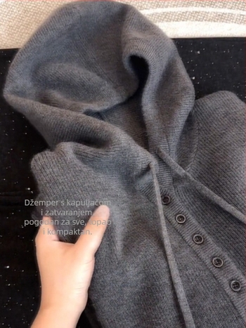 Ženski kašmir pulover s kapuljom, jednobojan, dugi rukavi, ležerni kroj