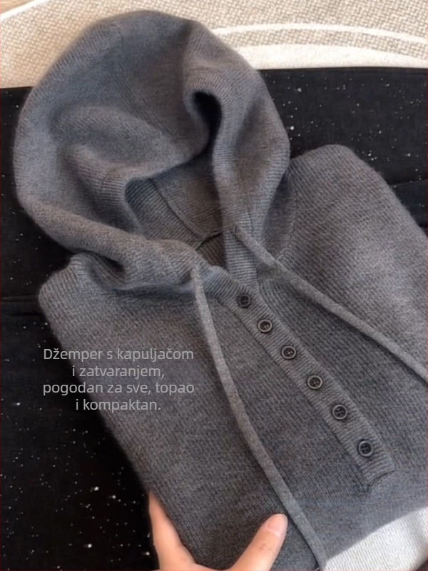 Ženski kašmir pulover s kapuljom, jednobojan, dugi rukavi, ležerni kroj