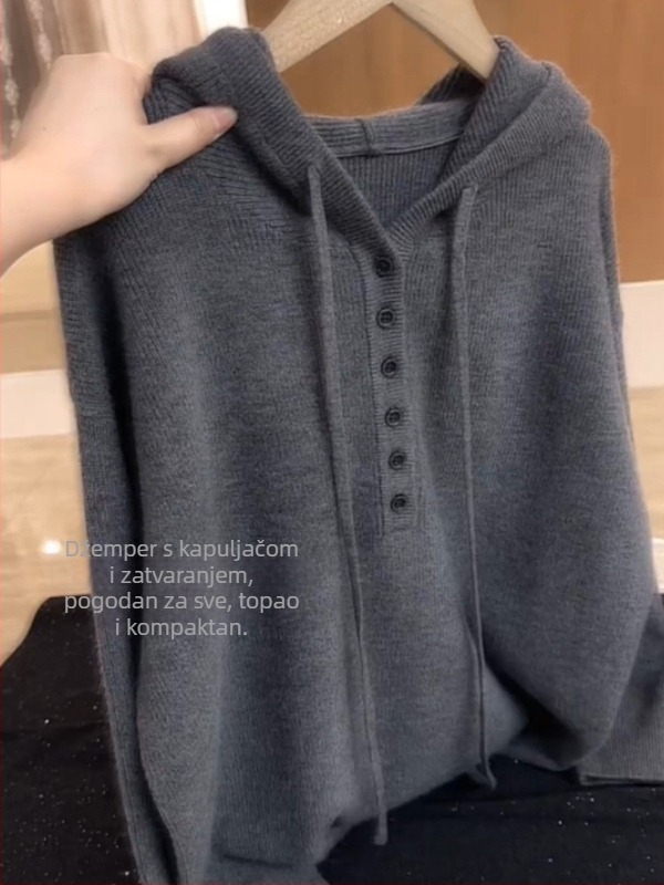 Ženski kašmir pulover s kapuljom, jednobojan, dugi rukavi, ležerni kroj