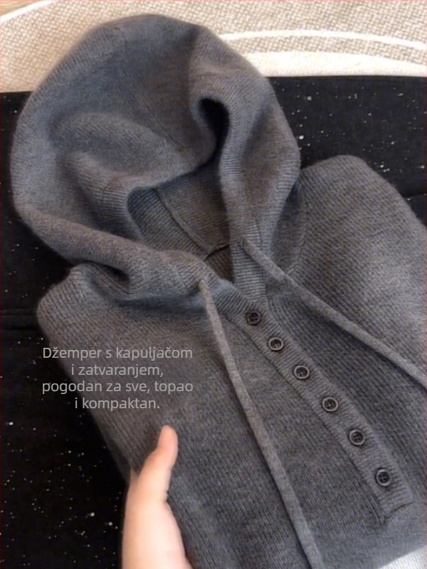 Ženski kašmir pulover s kapuljom, jednobojan, dugi rukavi, ležerni kroj