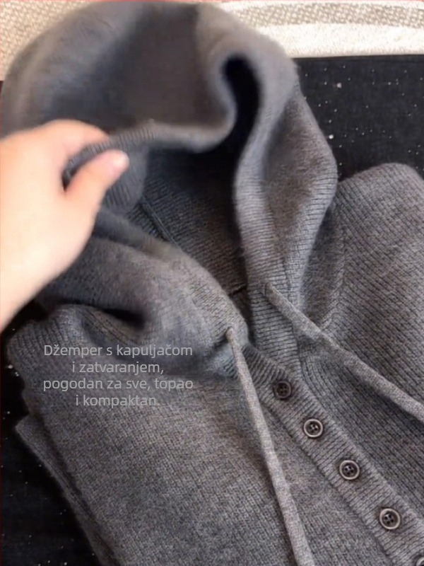 Ženski kašmir pulover s kapuljom, jednobojan, dugi rukavi, ležerni kroj