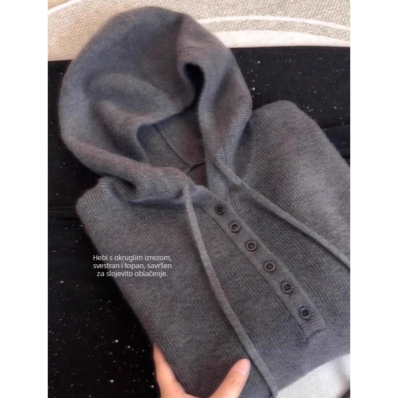 Ženski kašmir pulover s kapuljom, jednobojan, dugi rukavi, ležerni kroj