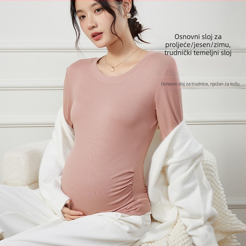 Trudnički osnovni top s čipkom, viskozna tkanina, dugački kroj, okrugli izrez, rukav 3/4