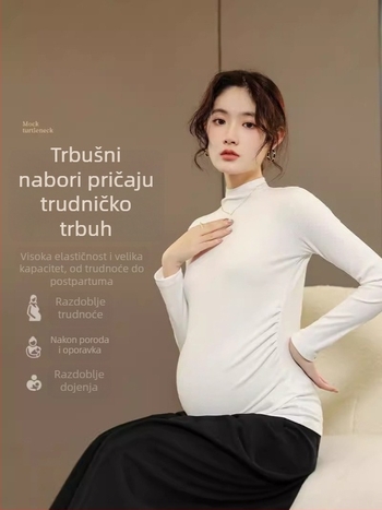 Trudnički jesensko-zimski osnovni top, opuštena silueta, dugi rukav, zaobljen izrez, kokos baršun, viskoza-spandeks tkanina, duljina 50–65 cm