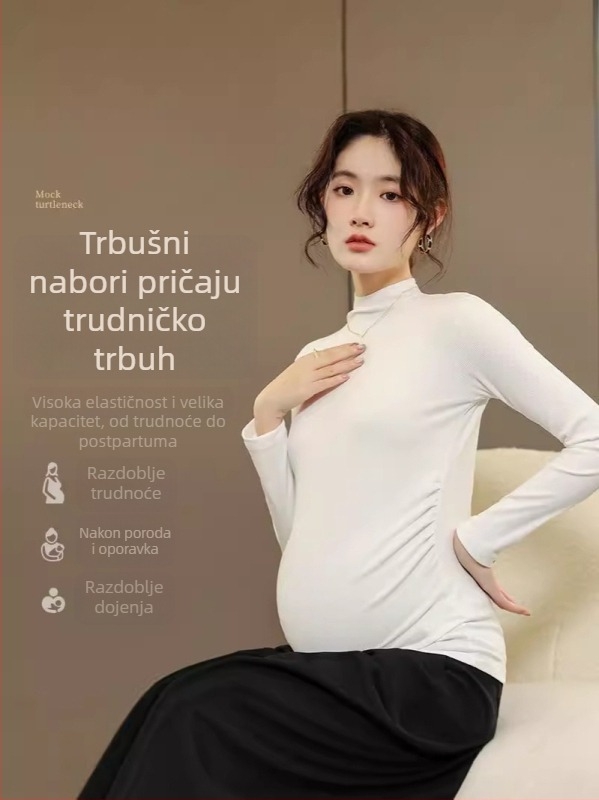 Trudnički jesensko-zimski osnovni top, opuštena silueta, dugi rukav, zaobljen izrez, kokos baršun, viskoza-spandeks tkanina, duljina 50–65 cm