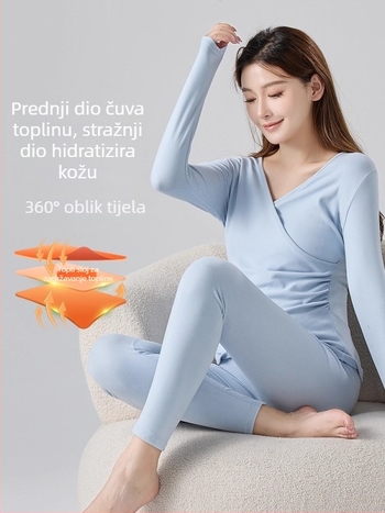 Trudnički termalni flis dvodijelni set pidžama s otvorom za dojenje, uski kroj, V-izrez, dugi rukavi, jesen-zima 2025