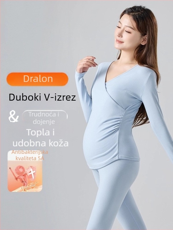 Trudnički termalni flis dvodijelni set pidžama s otvorom za dojenje, uski kroj, V-izrez, dugi rukavi, jesen-zima 2025