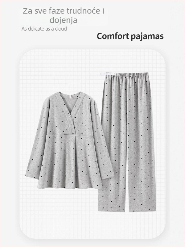 Trudničke pidžame za dojenje s jastučićima za dojke — dvodijelni set, dugi rukavi, V-izrez, geometrijski uzorak, pamuk-poliester sa spandeksom