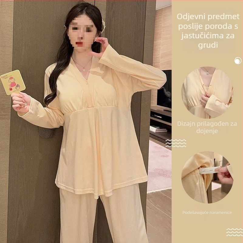 Porodna i dojenje noćna pidžama s jastučićima za dojke, za trudnoću, s dugim rukavima, polo ovratnik, zimska TR tkanina