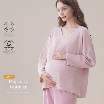 Trudnička pidžama od baršuna za jesen-zimu, dugi rukavi, kapuljača, V-izrez, slobodan kroj, jednobojna; Derong tkanina (50–70% viskozna, 30–50% poliester)
