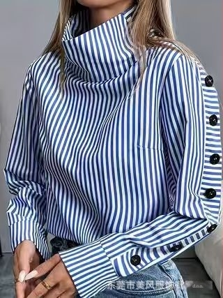 Ženska ležerna košulja sa stojećim ovratnikom i raglan rukavima, poliester tkanina, prugasti/karirani uzorak, proljeće 2025, japansko-korejski ležerni stil