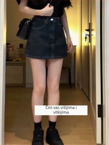 Plus veličine retro denim suknja-culotte za kruškasti oblik tijela, visokim strukom, A-linija, proljeće–jesen