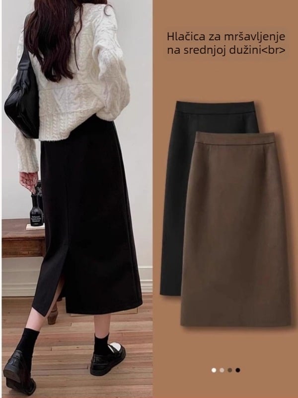 A-linijska suknja od vunene smjese, srednje duljine, mikroelastična, sadržaj pamuka 30–50%