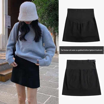 Trudnična vunena midi suknja, visoki pojas, jednobojna, 50-70% poliester