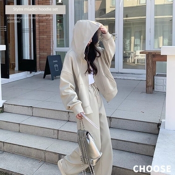 Ženski dvodijelni set s otiskom, gornji dio: sweatshirt, kolaž dizajn, dugi rukavi, mješavina poliestera i elastana