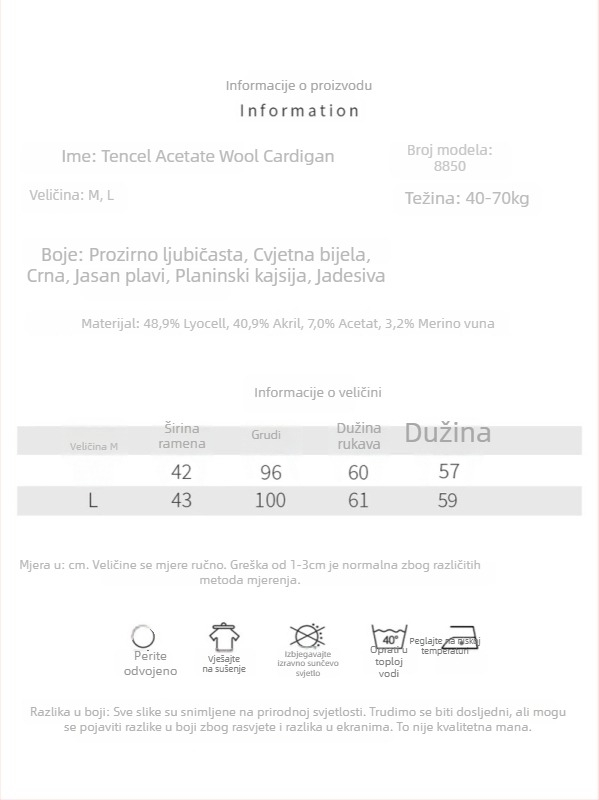 Kardigan od Lyocell-a, širokog kroja, dugi rukavi, lagani pleteni materijal, duljina 50–65 cm, Lyocell 30–50% i akril 30–50%