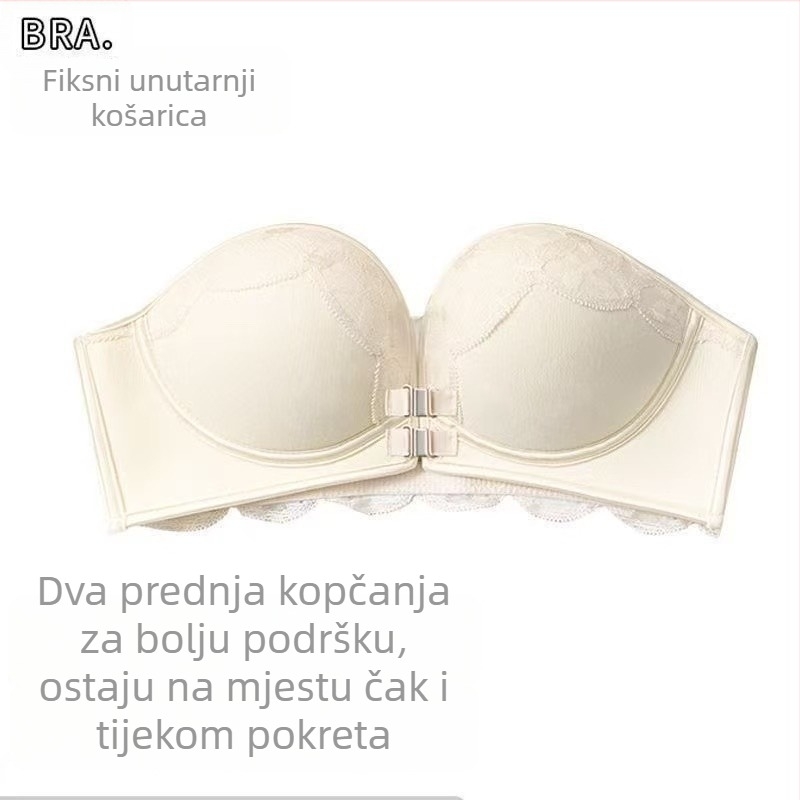 Prednje kopčanje, bez naramenica, grudnjak s odvojivim dvostrukim naramenicama, 1/2 košarice, najlon, čipka, bez leđa