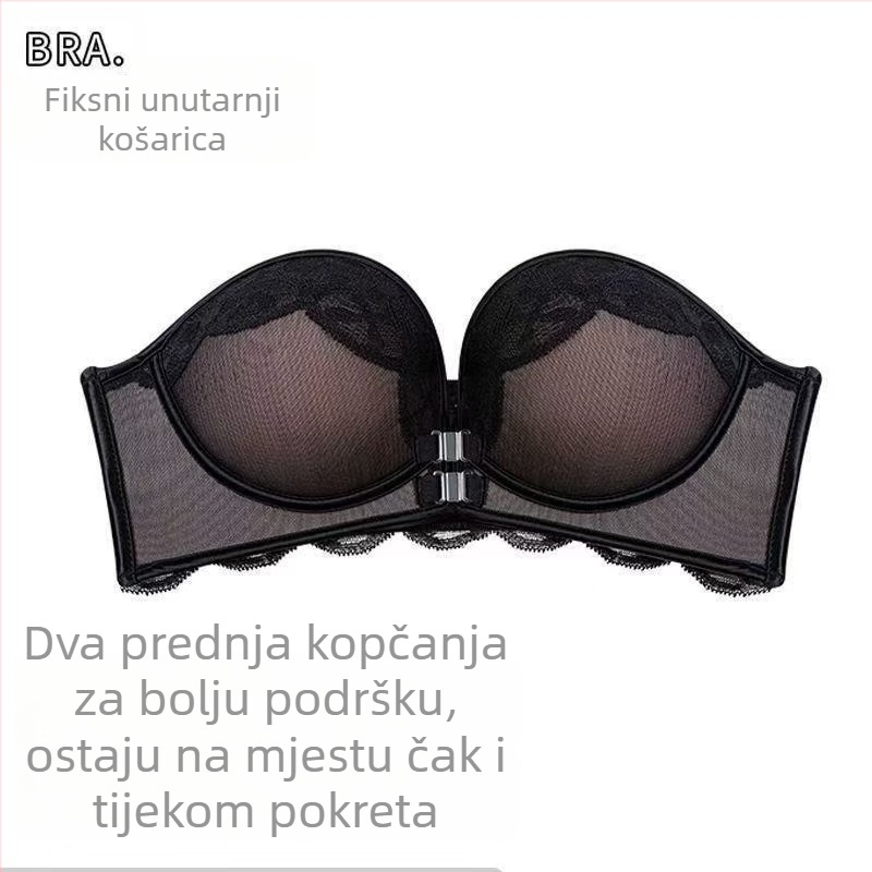 Prednje kopčanje, bez naramenica, grudnjak s odvojivim dvostrukim naramenicama, 1/2 košarice, najlon, čipka, bez leđa