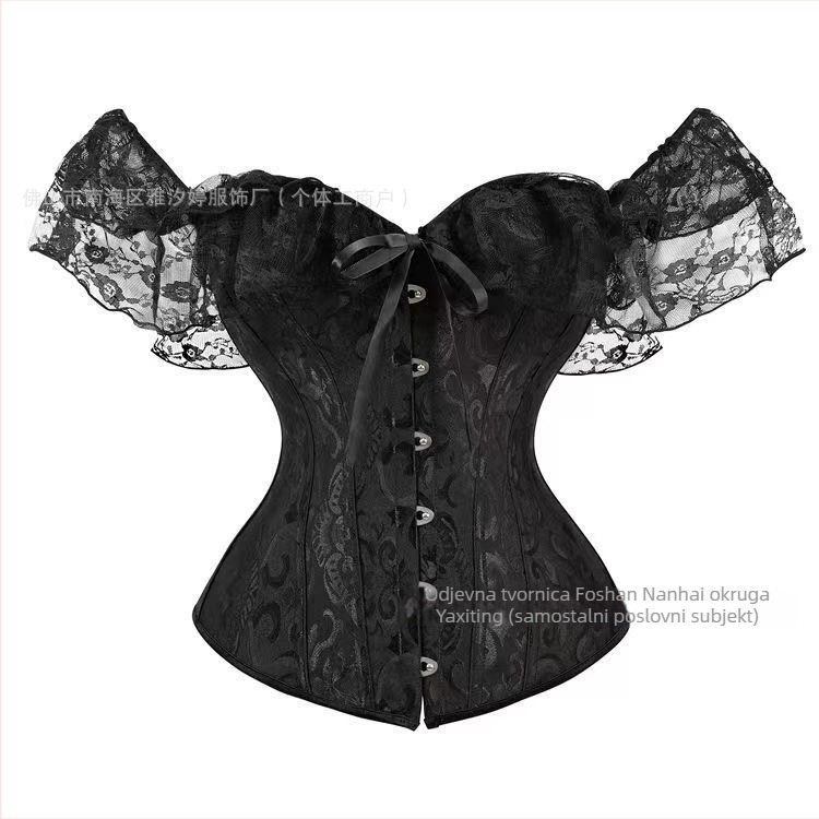 Čipkasti bustier top, tubasti kroj, uska silueta, kratka duljina 40–50 cm, dijeljeni uzorak