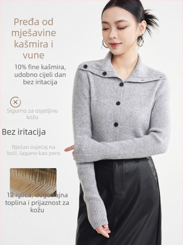 Ženski vuneni kardigan s ovratnikom i jednim redom kopčanja, vunena smjesa s kašmirom, zima 2025, elegantan gradski stil