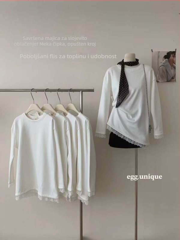 Bijeli ženski T-shirt s čipkastim panelima i flis podstavom, udoban kroj, okrugli izrez, za jesen-zimu