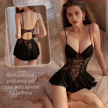 Jednodjelna noćna haljina s dubokim V izrezom, s podrškom ispod grudi, čipkasti prozirni materijal, otvoren leđa s trakama (Materijal: Najlon; Gustoća: Ultra-tanka 61–80 g/m2; Glavni sastojak vlakna: 80–90% Najlona; Izlazak: Ljeto 2024)