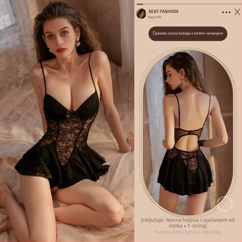 Jednodjelna noćna haljina s dubokim V izrezom, s podrškom ispod grudi, čipkasti prozirni materijal, otvoren leđa s trakama (Materijal: Najlon; Gustoća: Ultra-tanka 61–80 g/m2; Glavni sastojak vlakna: 80–90% Najlona; Izlazak: Ljeto 2024)