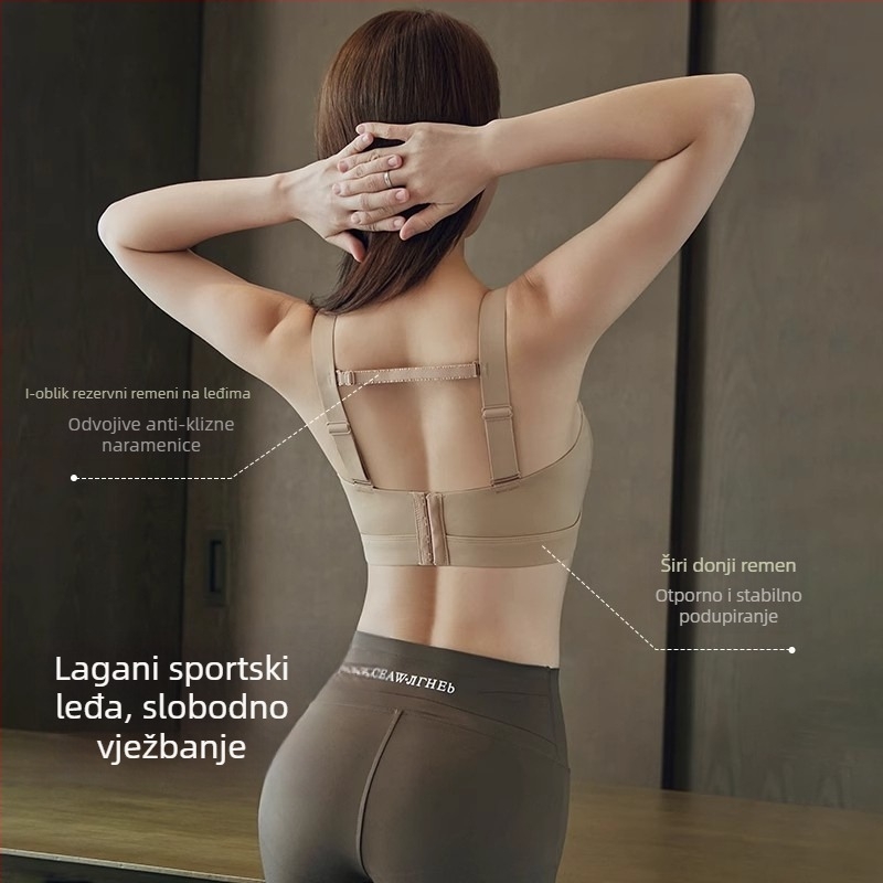 Bešavni sportski grudnjak bez metalnih prstenova, s punim košaricama i tanko oblikovanim košaricama, tube-top stil, fiksni naramenice, stražnje kopčanje s četiri reda kukica