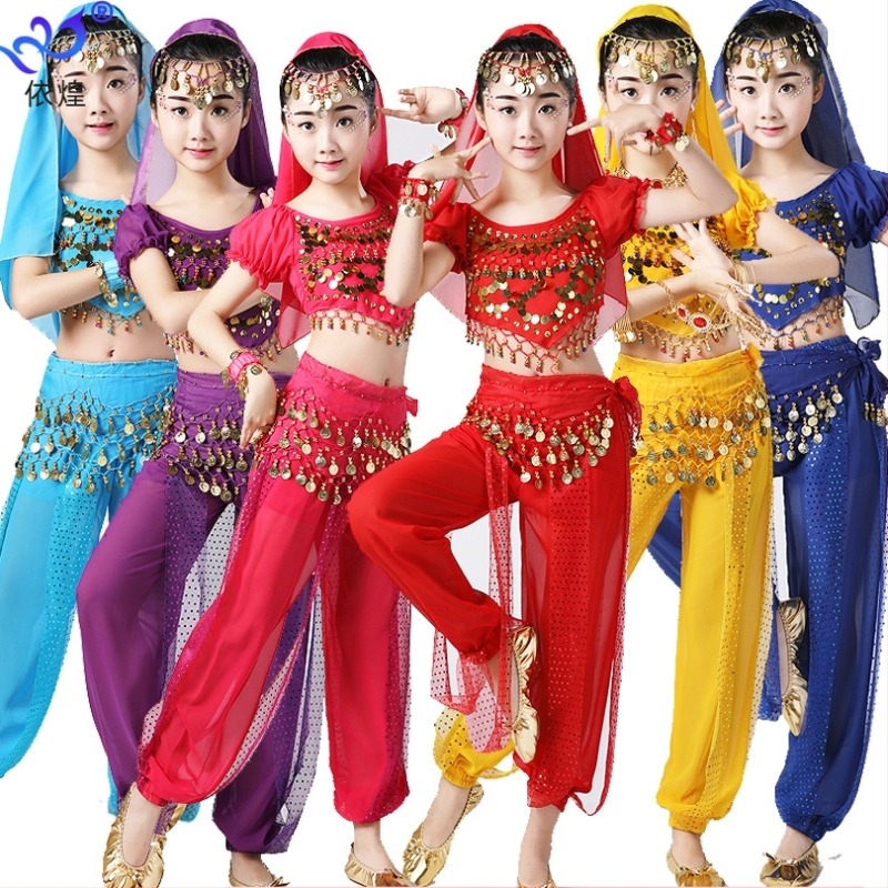 Dječji scenski kostim za Belly Dance — šifonski set kratkih rukava, 100% poliester; pogodan za Belly Dance, festivalne izvedbe, indijski i Xinjiang ples; za djecu do 17 godina; ljeto 2024.