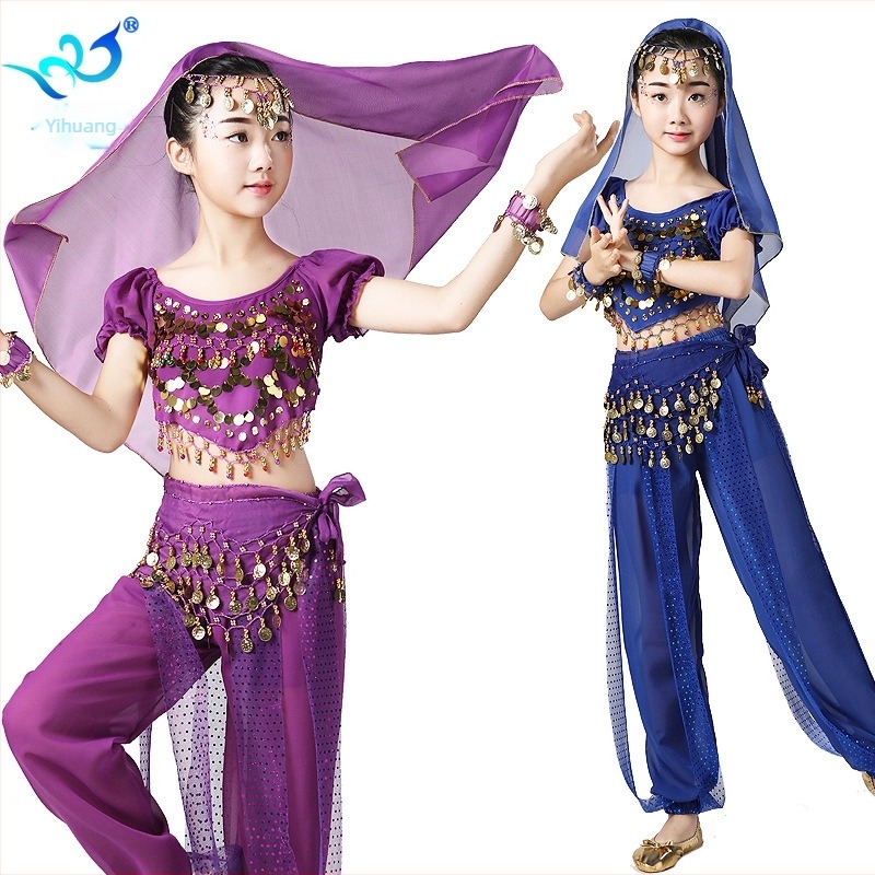Dječji scenski kostim za Belly Dance — šifonski set kratkih rukava, 100% poliester; pogodan za Belly Dance, festivalne izvedbe, indijski i Xinjiang ples; za djecu do 17 godina; ljeto 2024.