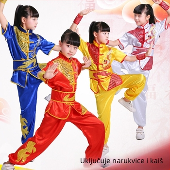 Dječja odjeća za borilačke vještine s izvezenim zmajem, unisex, dugi i kratki rukavi za vježbanje. Marka: Dancing Lin Xing; Materijal: Poliester; Sadržaj glavnog materijala: 80%; Dobna skupina: do 17 godina; Spol: Unisex