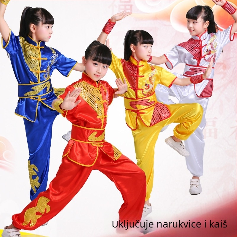 Dječja odjeća za borilačke vještine s izvezenim zmajem, unisex, dugi i kratki rukavi za vježbanje. Marka: Dancing Lin Xing; Materijal: Poliester; Sadržaj glavnog materijala: 80%; Dobna skupina: do 17 godina; Spol: Unisex