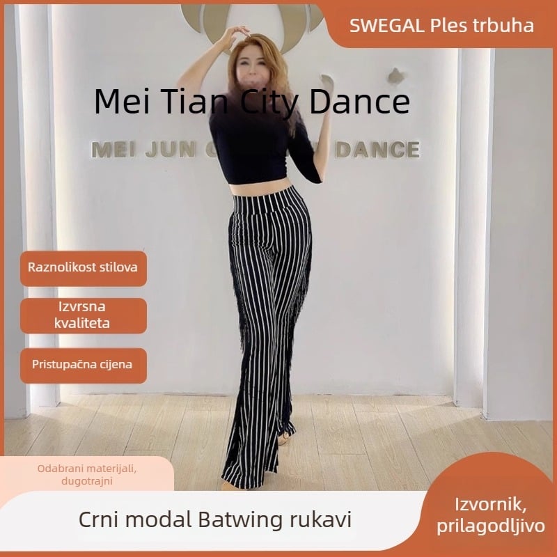 Set za belly dance s bat rukavima, prugaste resaste hlače, modalna tkanina (70–80% modal vlakana), proljeće 2025