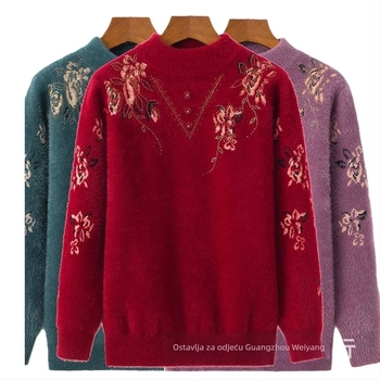 Ženski džemper od Mink velura s vunenom smjesom, opuštenog kroja, polu-ovratnik, dugi rukavi, cvjetni uzorak
