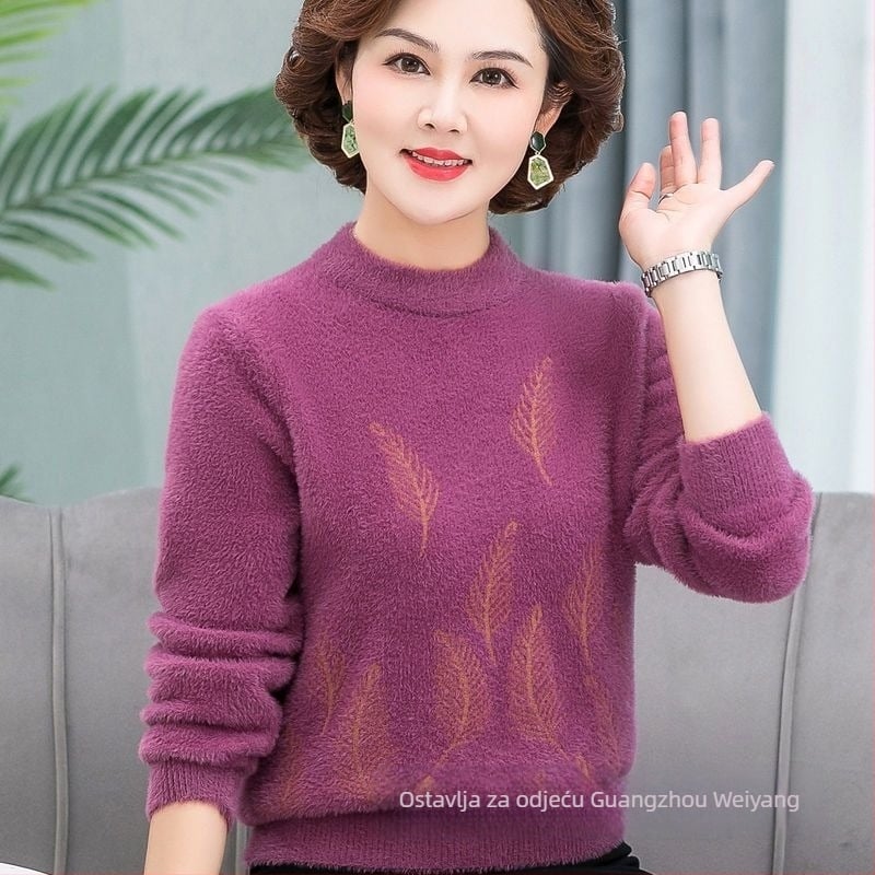 Ženski džemper od Mink velura s vunenom smjesom, opuštenog kroja, polu-ovratnik, dugi rukavi, cvjetni uzorak