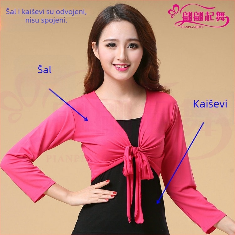 Gornji dio za kvadratni ples sa šalom, Milk Silk tkanina s 30% elastana, dugi rukav, za odrasle žene, za scenu i plesove Belly Dance, Latin, Folk, Yangko