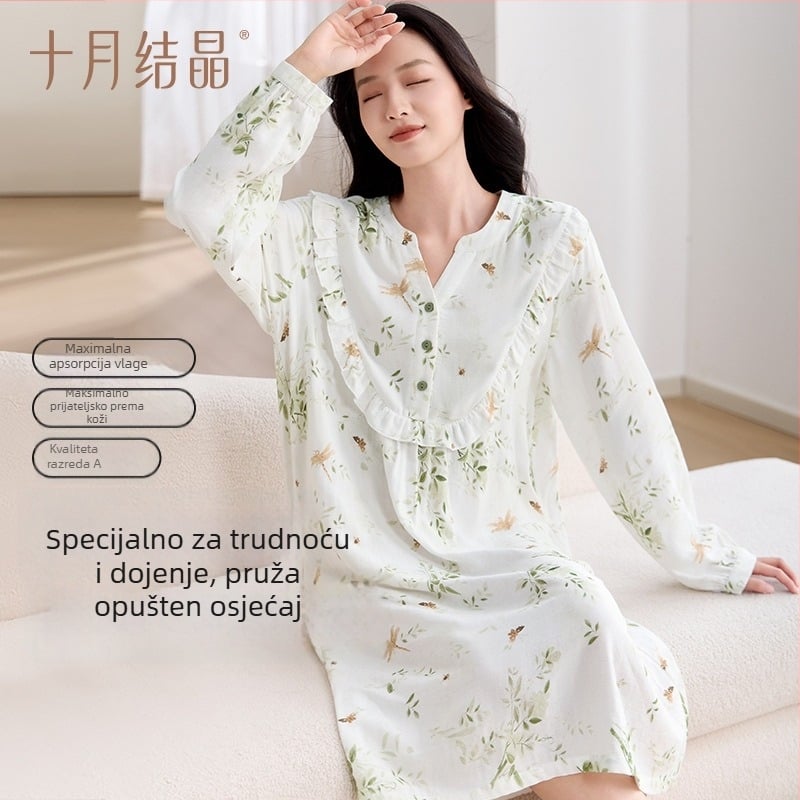 Trudnička haljina s V izrezom, dugi rukavi, mješavina vlakana bambusa (70–80%) i pamuka (≤30%), ležernog, dugog kroja haljine, proljeće 2025