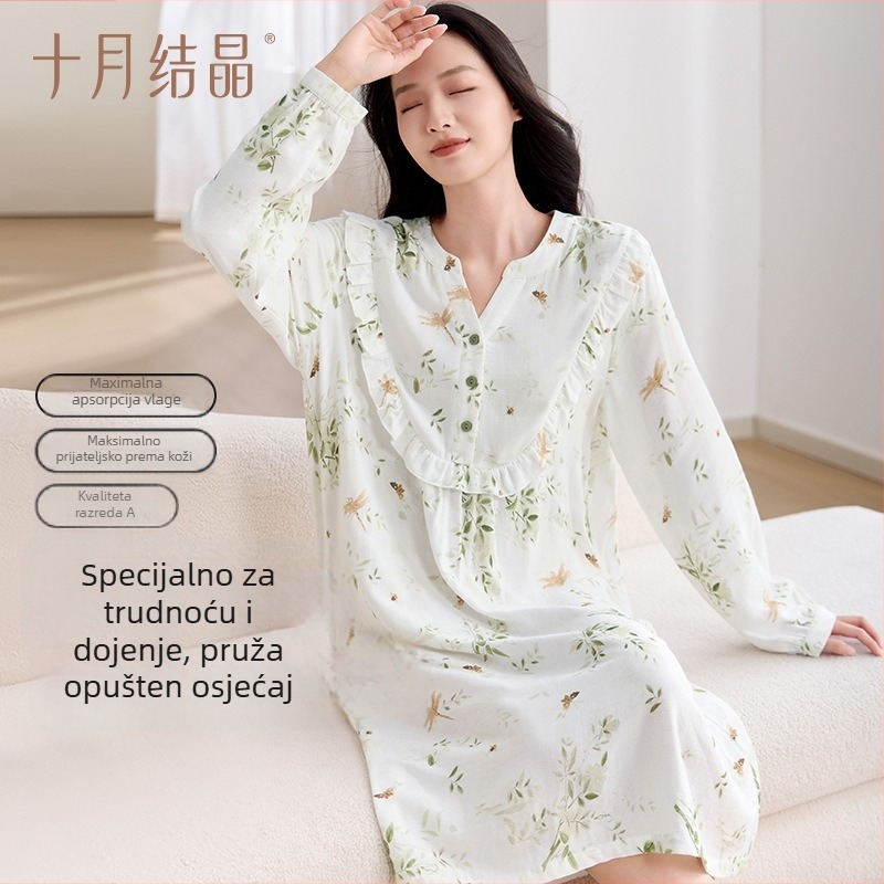 Trudnička haljina s V izrezom, dugi rukavi, mješavina vlakana bambusa (70–80%) i pamuka (≤30%), ležernog, dugog kroja haljine, proljeće 2025