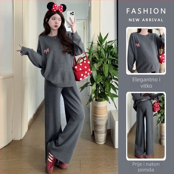 Trudnički set od pletene tkanine: majica s dugim rukavima i široke hlače, dvodjelni set, 2025 proljeće-jesen, japansko-korejski ležerni stil