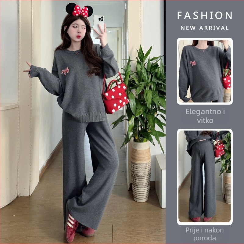 Trudnički set od pletene tkanine: majica s dugim rukavima i široke hlače, dvodjelni set, 2025 proljeće-jesen, japansko-korejski ležerni stil