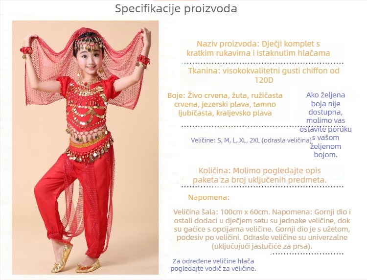 Dječji kostim Belly Dance i indijskog plesa, šifonska tkanina, akrilni materijal, za djevojčice, na pozornicu