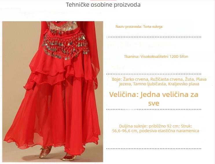 Kostim za belly dance – indijskog stila, široka suknja s volumenom, chiffon 120D, akrilni materijal, marka Yan Zi Dance Rhyme