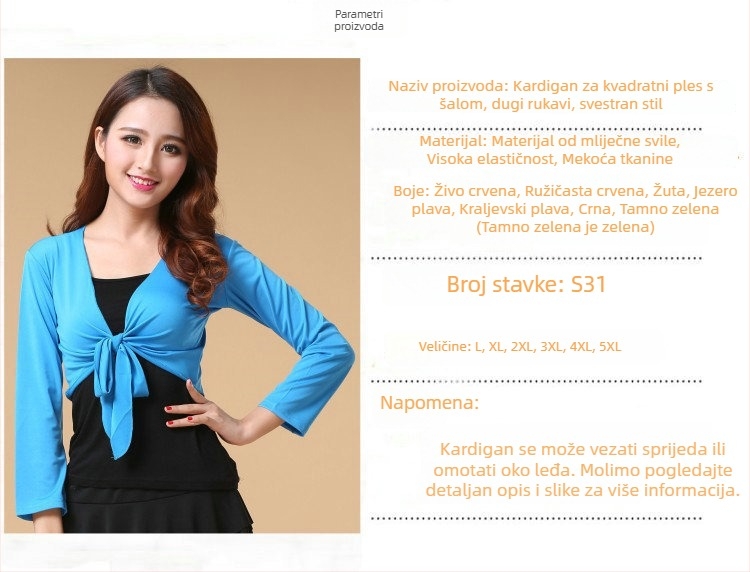 Tansko odjeća - top s dugim rukavima za kvadratni ples, Milk Silk tkanina, 30% elastan; pogodno za belly dance, latin ples, folklorni ples i Yangko