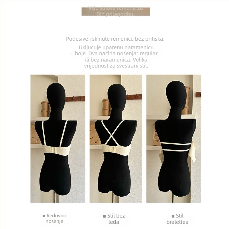 Push-Up beznaramenkasti grudnjak za mali bust — dvije opcije nošenja, protuklizni pojas. Glavni materijal: najlon; podstava: najlon; veličina košarice: 1/2; oblik košarice: tanak gore, debeli dole; odvojive dvostruke naramenice; stražnje kopče s tri reda k