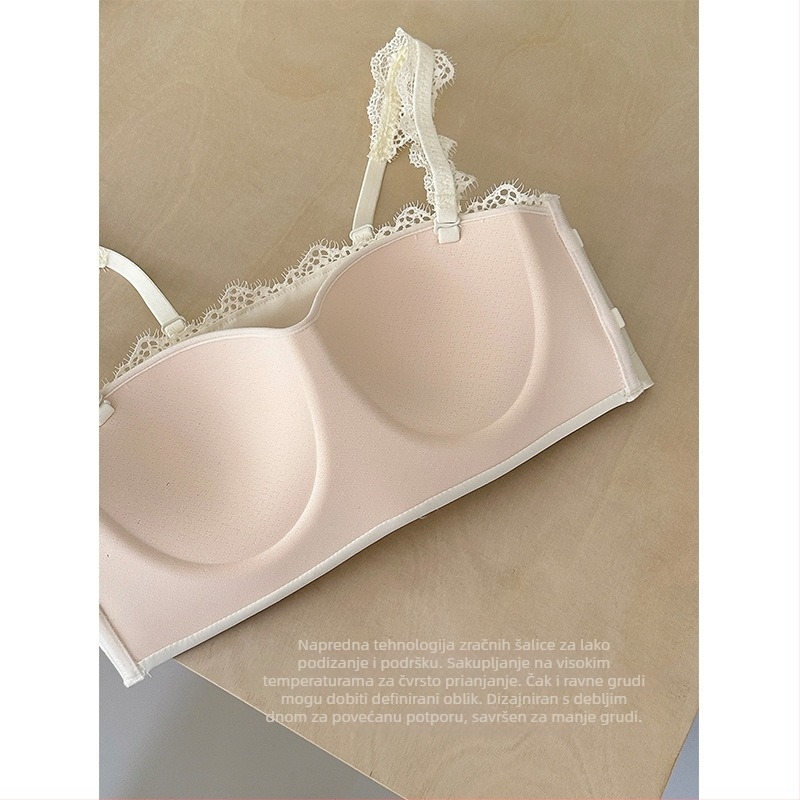 Push-Up beznaramenkasti grudnjak za mali bust — dvije opcije nošenja, protuklizni pojas. Glavni materijal: najlon; podstava: najlon; veličina košarice: 1/2; oblik košarice: tanak gore, debeli dole; odvojive dvostruke naramenice; stražnje kopče s tri reda k